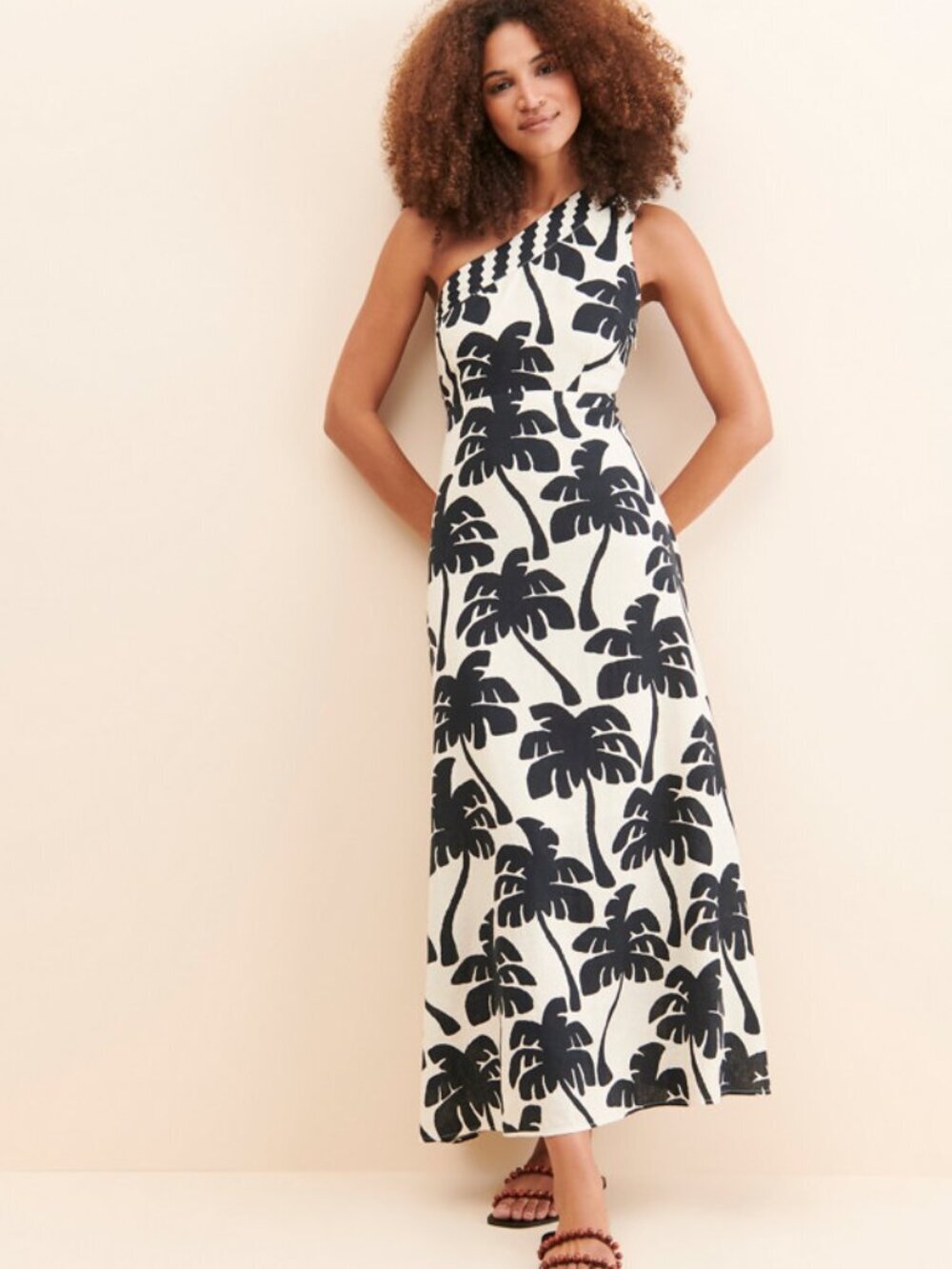 FARM Rio Black White One-Shoulder Linen Palm Tree Maxi Dress Small 38468 - Picture 3 of 13